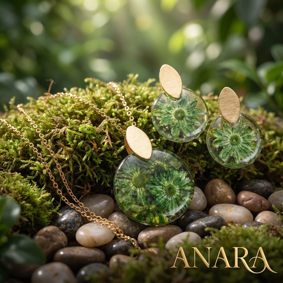 Set Aura Verde, aretes y dije en resina con flor verde