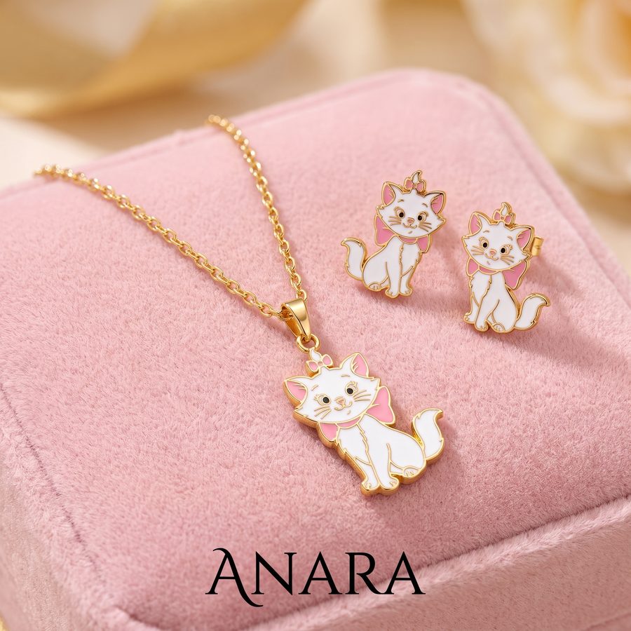 Set Marie, aretes y collar de gatito para niñas